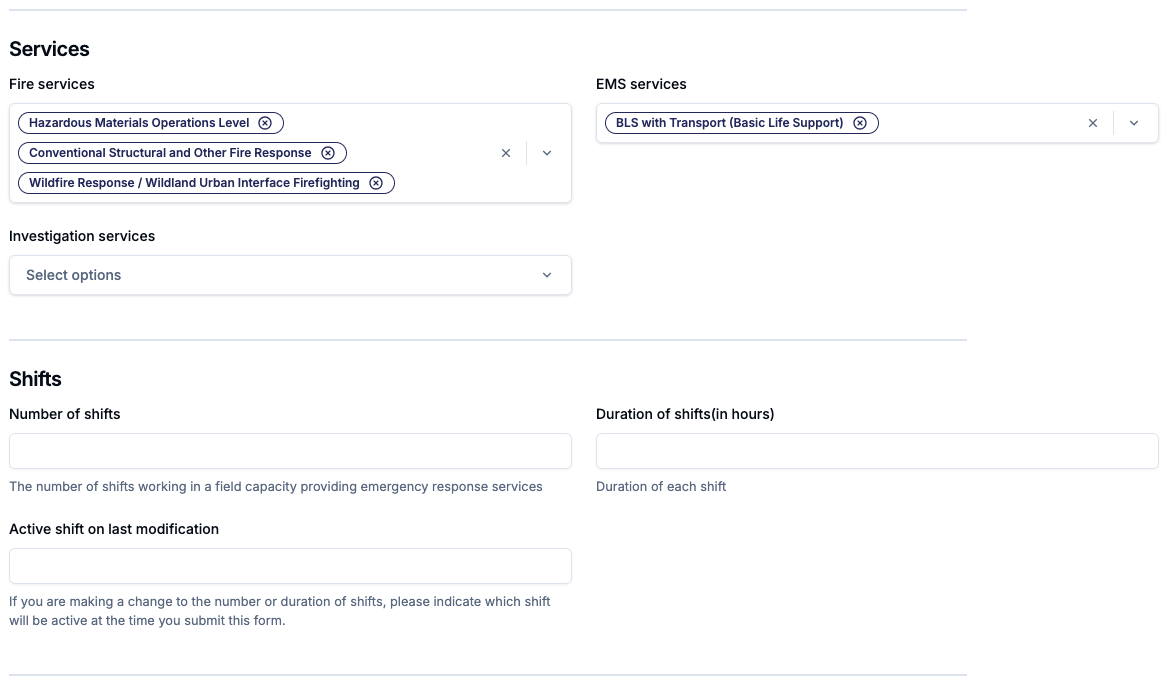 (NERIS questions on services and shifts)