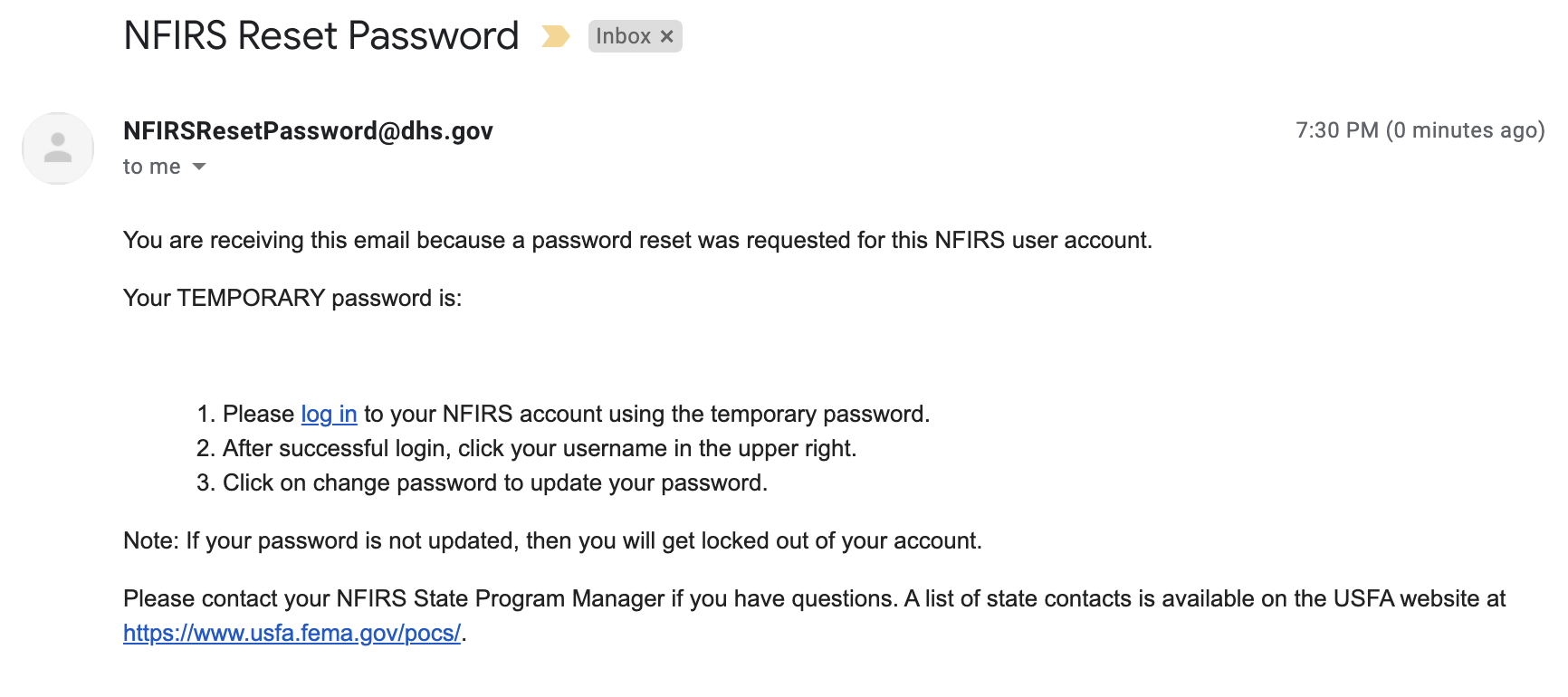 eNFIRS Temporary Password