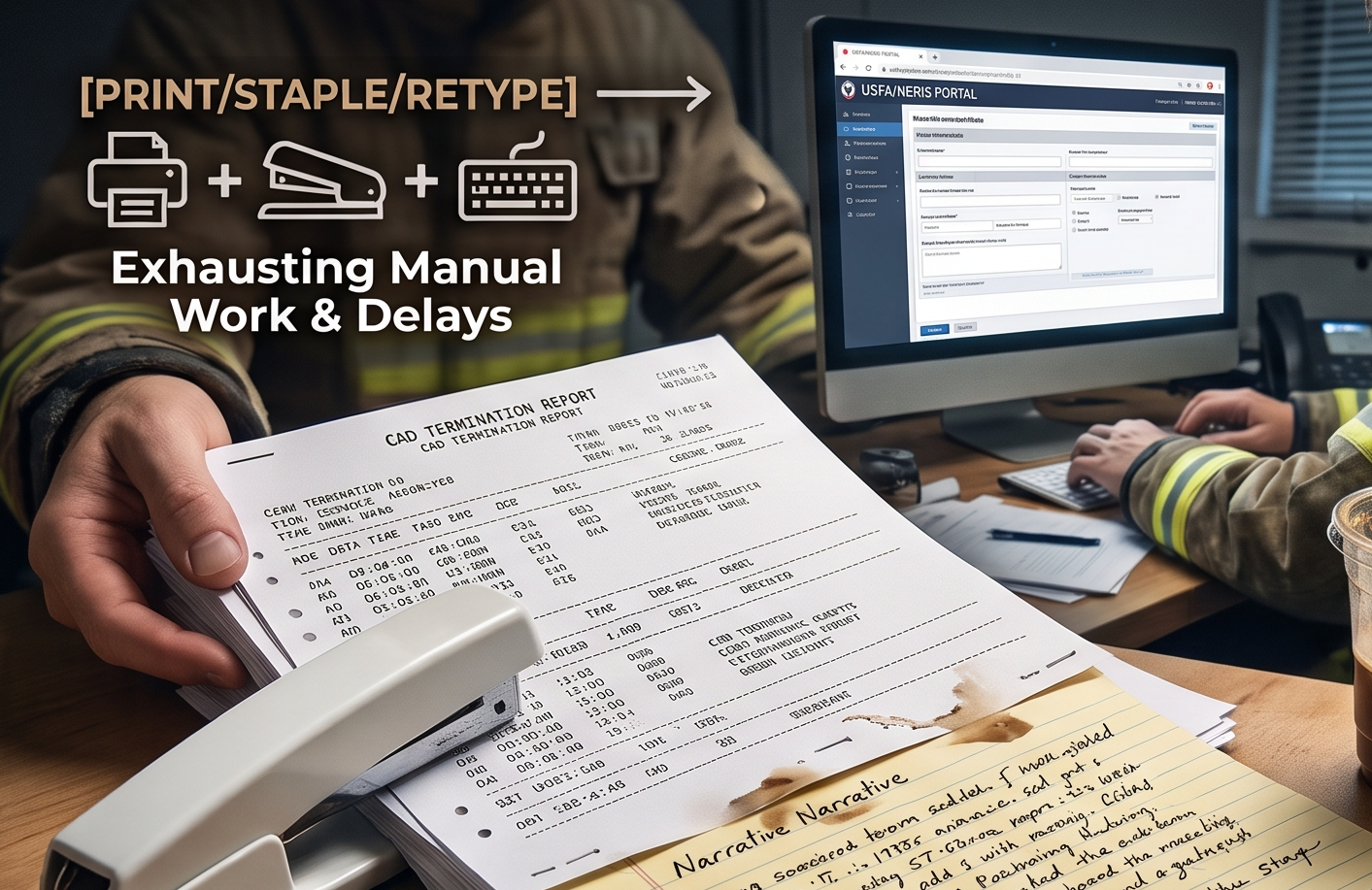 Showing hand written notes, a printed CAD termination report, and retyping into NERIS.